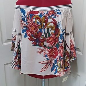 NEW Flying Tomato flutter sleeve romantic top floral bold stripes Small